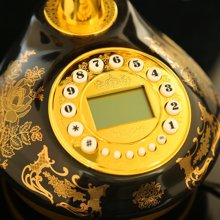 Ретро телефон, круглый, чёрный с золотистыми рисунками, керамика, пластик, 16х26х22 см