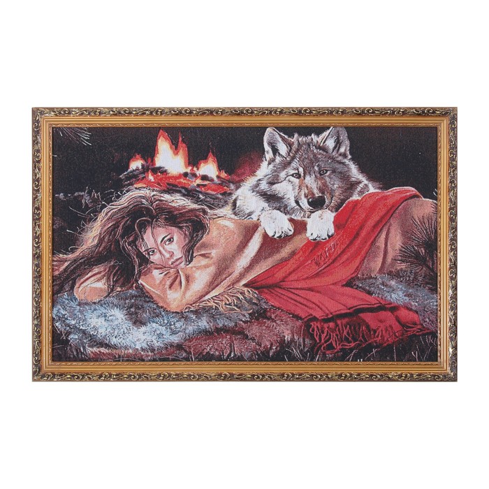 Гобеленовая картина "Девушка и волк у костра" 55*85 см