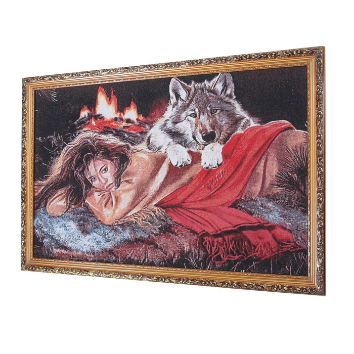 Гобеленовая картина "Девушка и волк у костра" 55*85 см