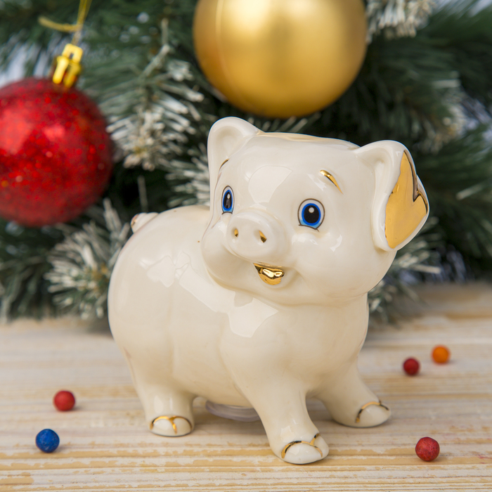 Копилка керамика "Хрюшка-свинюшка" кремовая 11х11х7 см