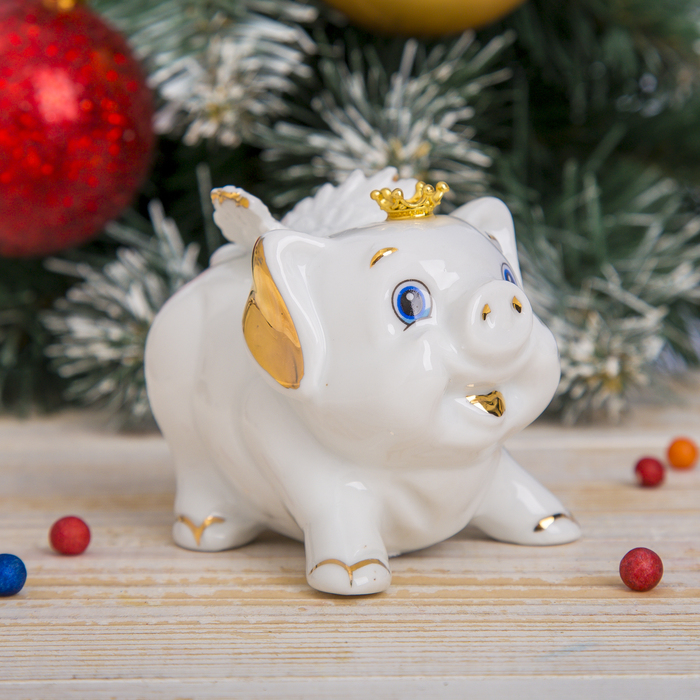 Сувенир керамика "Хрюшка-ангел в короне" белая с золотом 7х8,5х7 см