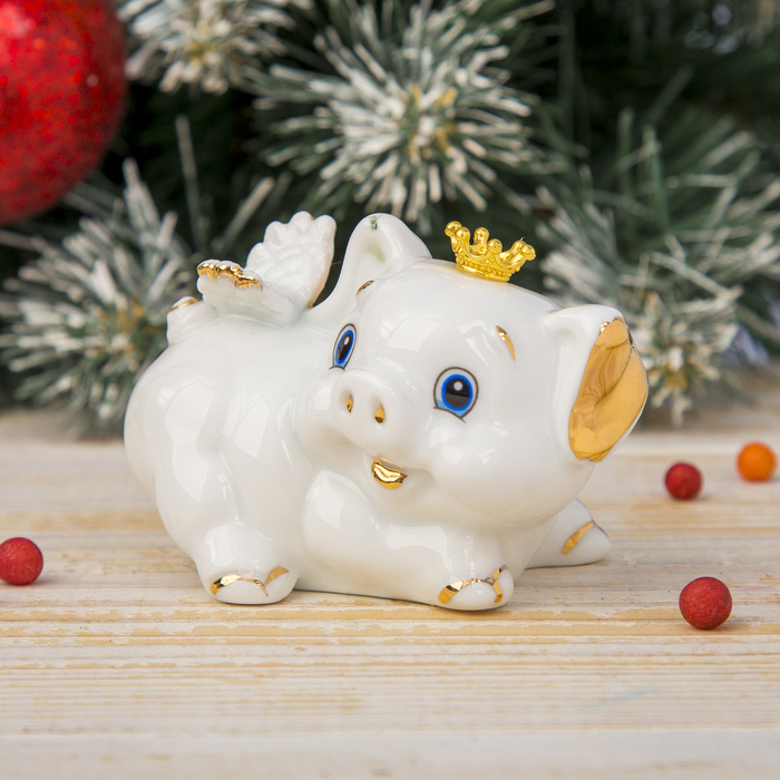 Сувенир керамика "Хрюшка-ангел в короне" белая с золотом 6,5х8,5х6 см