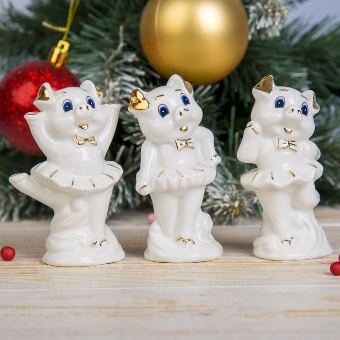 Сувенир керамика "Хрюшка-свинюшка балерина" белая с золотом МИКС 10х6х4,5 см