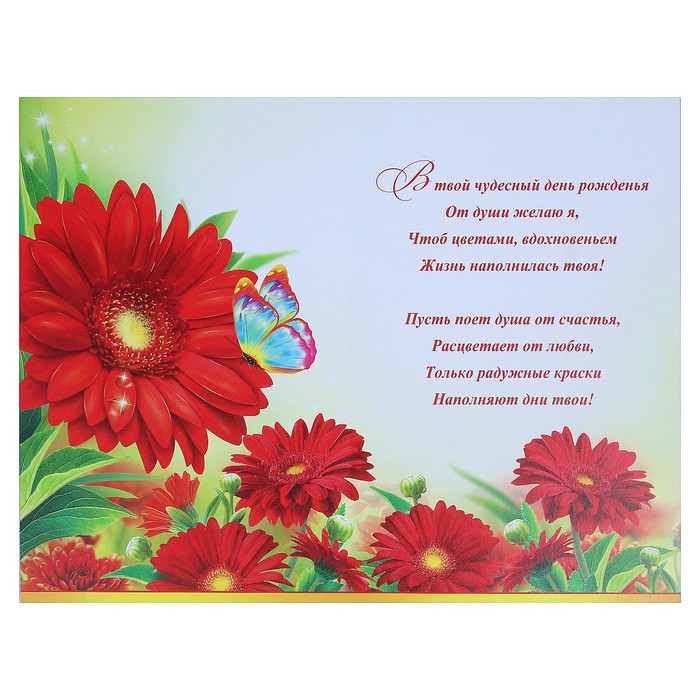 Открытка "С Днём Рождения!", цветы, бабочки