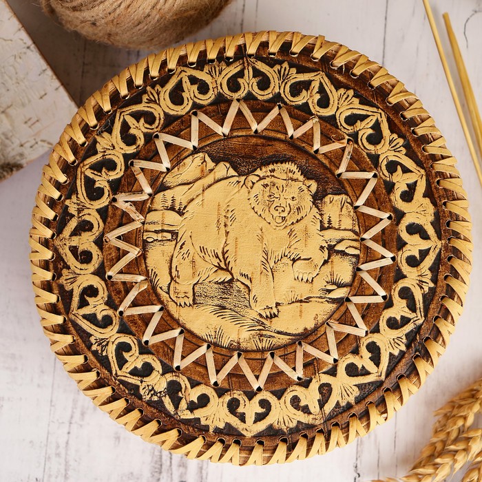 Шкатулка «Медведь», 18,5×18,5×8 см, береста