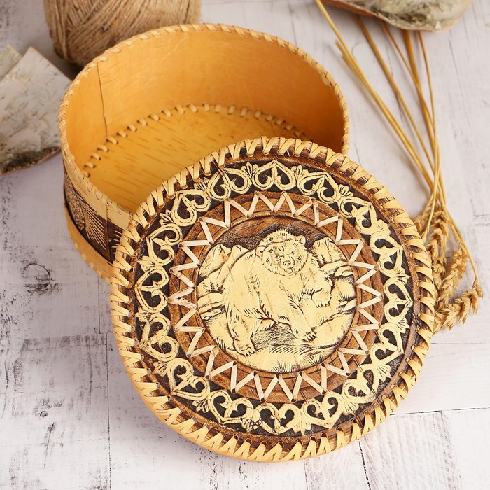 Шкатулка «Медведь», 18,5×18,5×8 см, береста