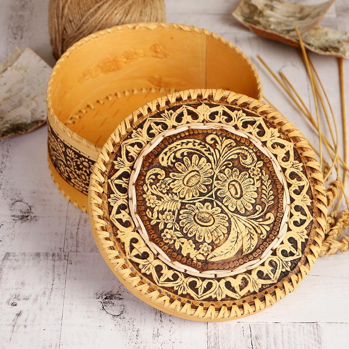 Шкатулка «Цветы», 18,5×18,5×8 см, береста