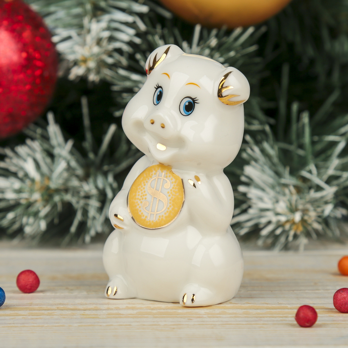 Сувенир керамика "Белый поросёнок Ниф-Ниф с монеткой" 8,3х4,5х4,3 см