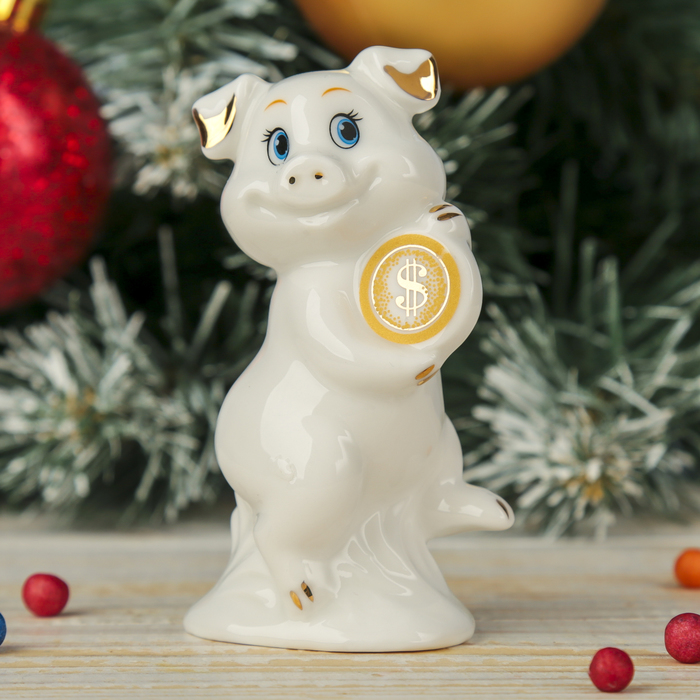 Сувенир керамика "Белый поросёнок Нуф-Нуф с монеткой" 9,3х5,3х3,7 см
