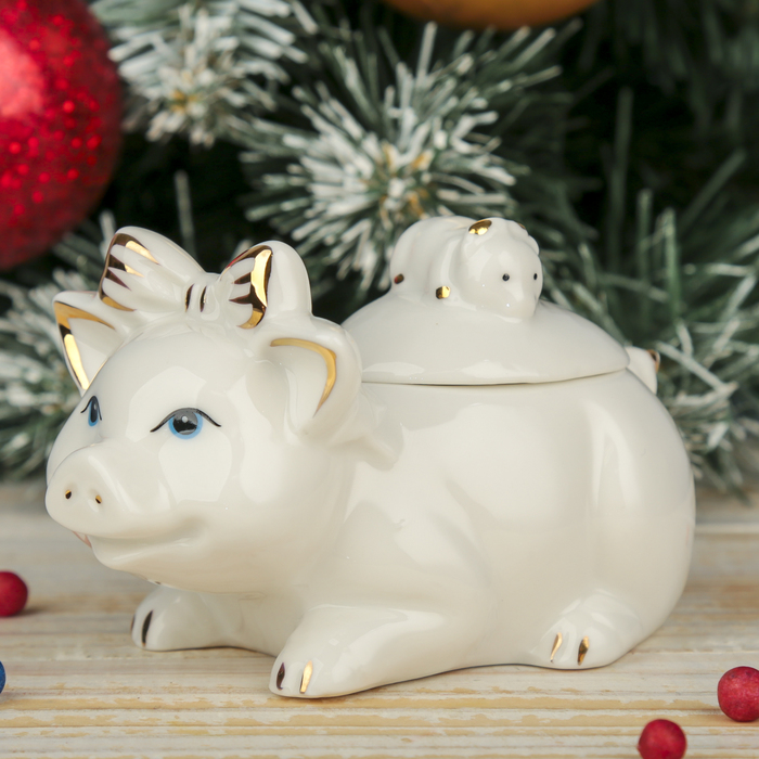 Шкатулка керамика "Белая свинка с бантиком и мышкой" 10,3х7,5х6 см