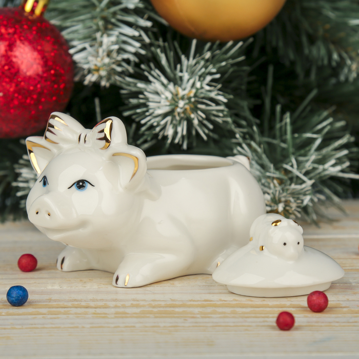 Шкатулка керамика "Белая свинка с бантиком и мышкой" 10,3х7,5х6 см