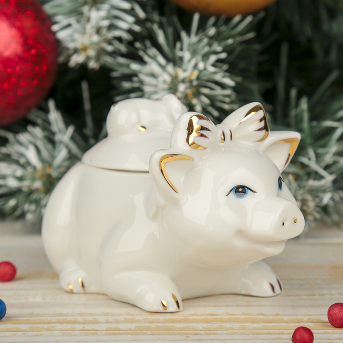 Шкатулка керамика "Белая свинка с бантиком и мышкой" 10,3х7,5х6 см