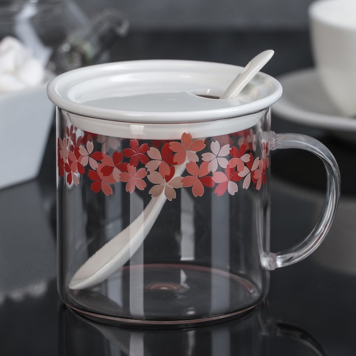 Кружка с крышкой и ложкой "Цветы" 11,5х9,5х9 см