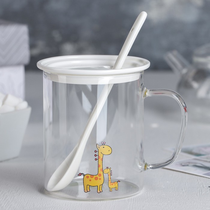 Кружка с крышкой и ложкой "Жираф" 8х11 см
