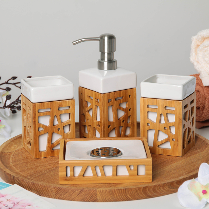Набор для ванной "Дерево" 4 предмета: мыльница, дозатор для мыла, 2 стакана