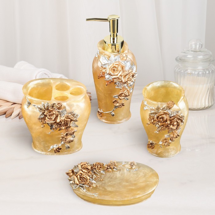 Набор для ванной "Перламутр" 4 предмета: мыльница, дозатор для мыла, 2 стакана