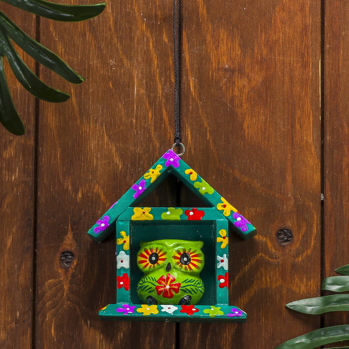 Сувенир дерево "Зелёная сова в домике" 11х5х11 см