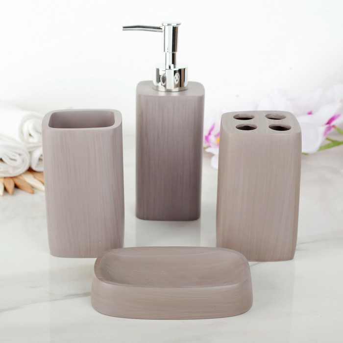 Набор для ванной "Деревенька" 4 предмета: мыльница, дозатор для мыла, 2 стакана