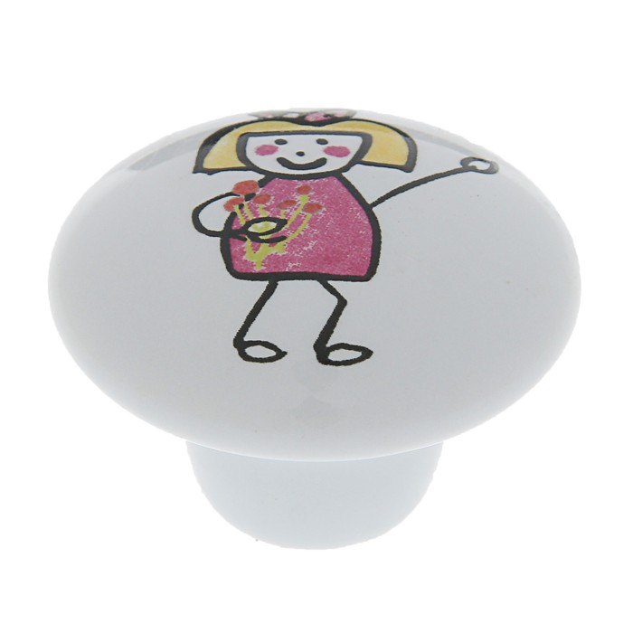 Ручка-кнопка Ceramics KID 048, керамическая, белая с принтом