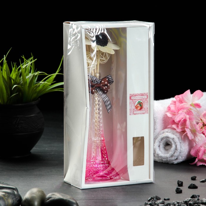 Набор подарочный"Эйфелева башня"УЦЕНКА(ваза,2 палочки с шариками,дек,армасло 30 мл) клубника