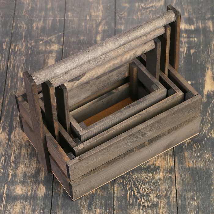 Набор кашпо "Модерн" 3 в 1, из массива СОСНЫ, деревянная ручка, тёмно-серый