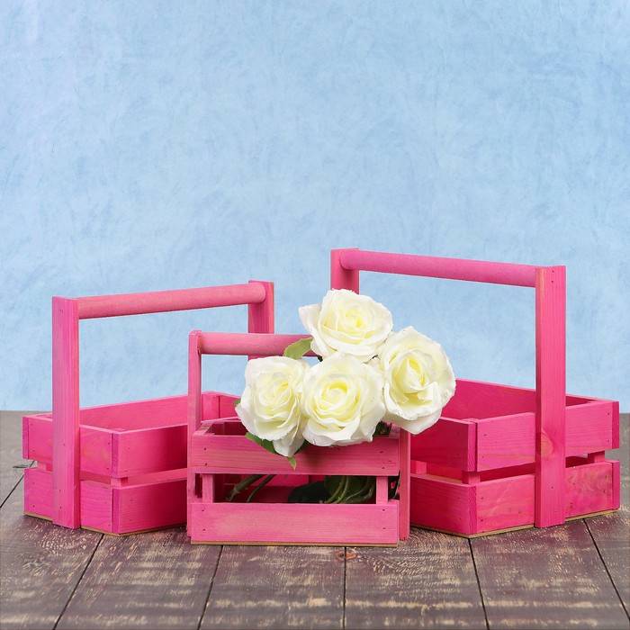 Набор кашпо "Модерн" 3 в 1, из массива СОСНЫ, деревянная ручка, розовый