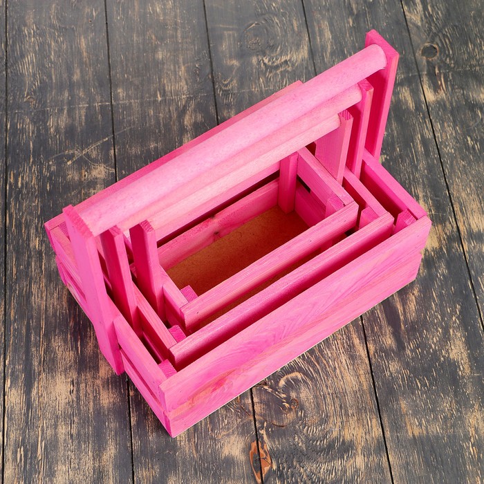 Набор кашпо "Модерн" 3 в 1, из массива СОСНЫ, деревянная ручка, розовый