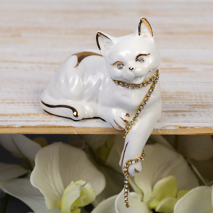 Сувенир керамика "Белая кошечка с ошейником из страз" 12,5х10х6 см
