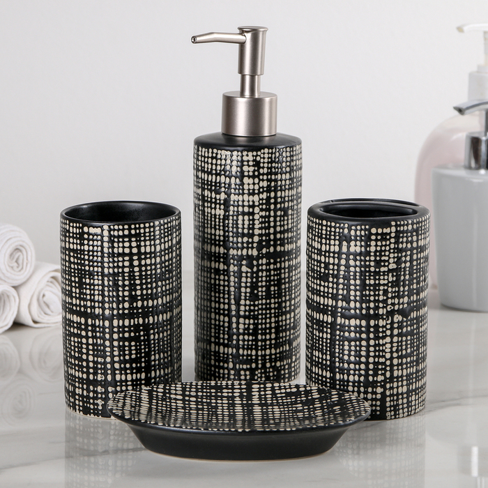 Набор для ванной "Сеть", 4 предмета: мыльница, дозатор для мыла, 2 стакана, цвет черный