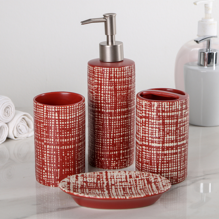 Набор для ванной "Сеть", 4 предмета: мыльница, дозатор для мыла, 2 стакана, цвет кирпичный