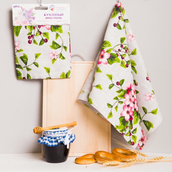 Полотенце рогожка набивная "Вишневый сад" 40х75 см на хангере 160 г/м2,хлопок 100%