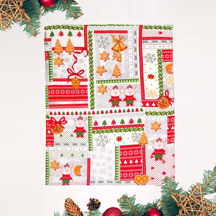 Полотенце рогожка набивная "Новогодний пэчворк" 45х60 см, на хангере 160 г/м2,хлопок 100%