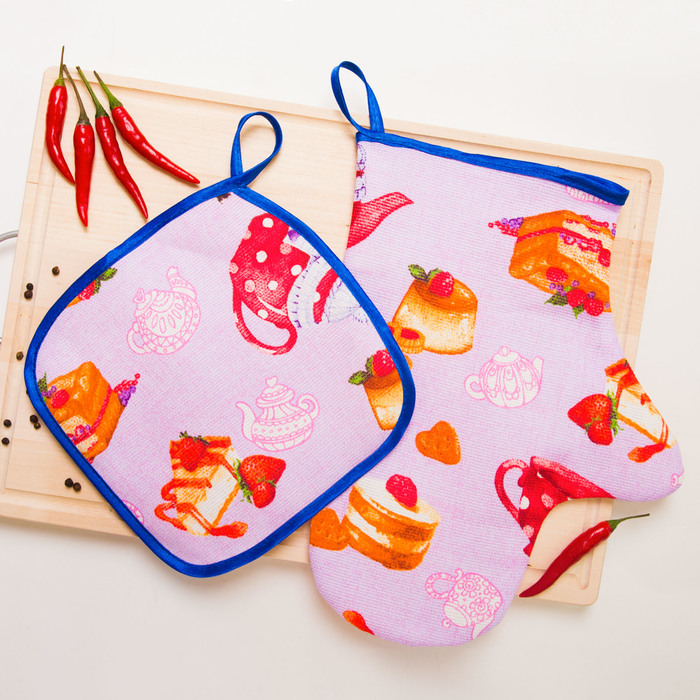 Набор кухонный "Чайный восторг" прихватка,рукавица рогожка набивная , 160 г/м2,хлопок 100%