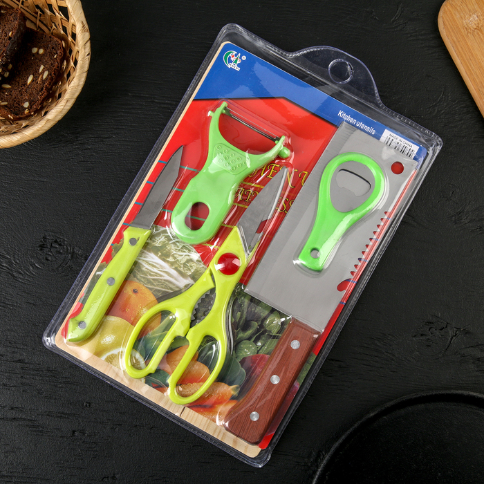 Набор 6 предметов:ножи 7,5/15 см,овощечистка, ножницы, открывашка, доска 29*19 см, цвет МИКС 36246