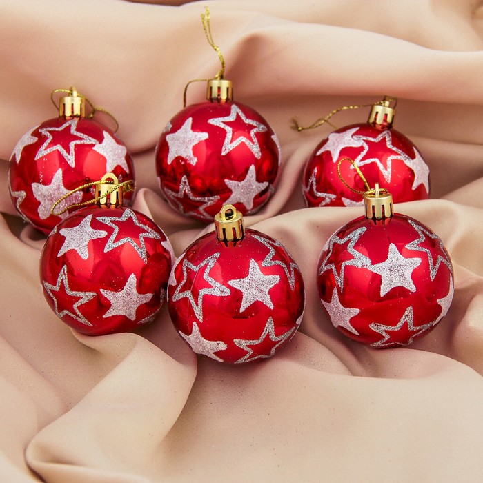 Набор шаров пластик d-6 см 6 шт "Звезды" красный
