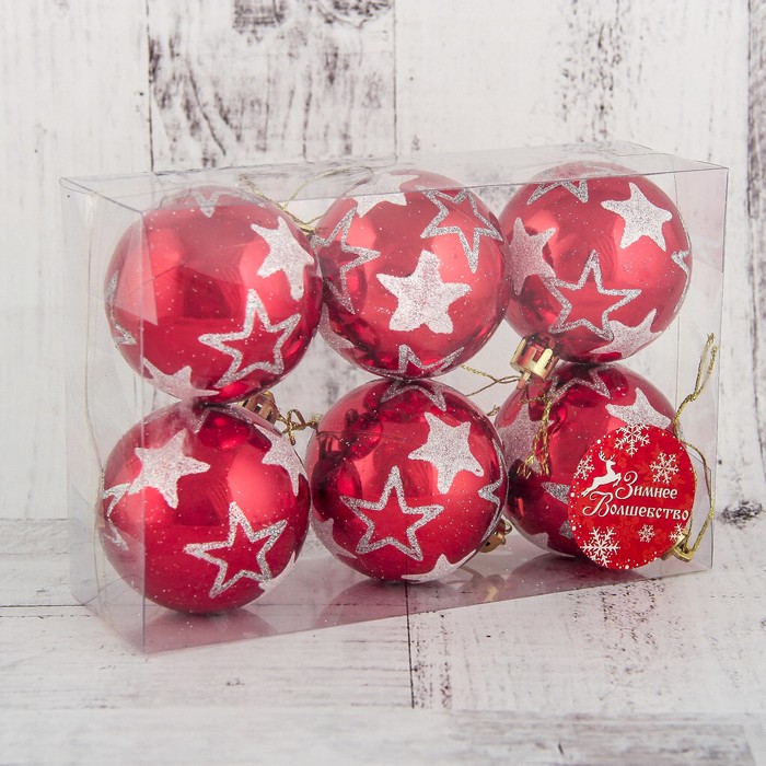 Набор шаров пластик d-6 см 6 шт "Звезды" красный