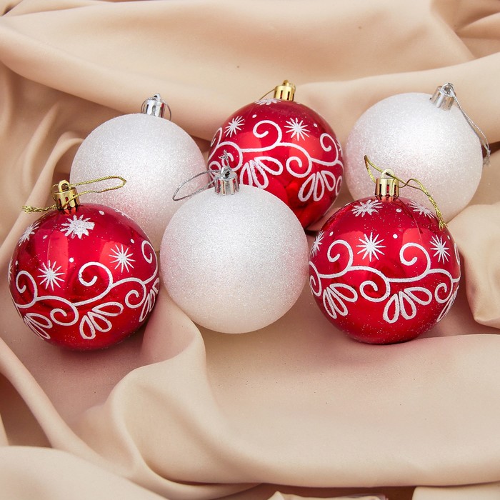 Набор шаров пластик d-8 см 6 шт "Изящный узор" бело красный
