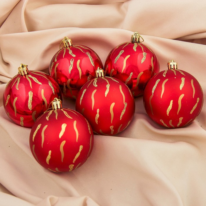 Набор шаров пластик d-8 см 6 шт "Языки пламени" красный