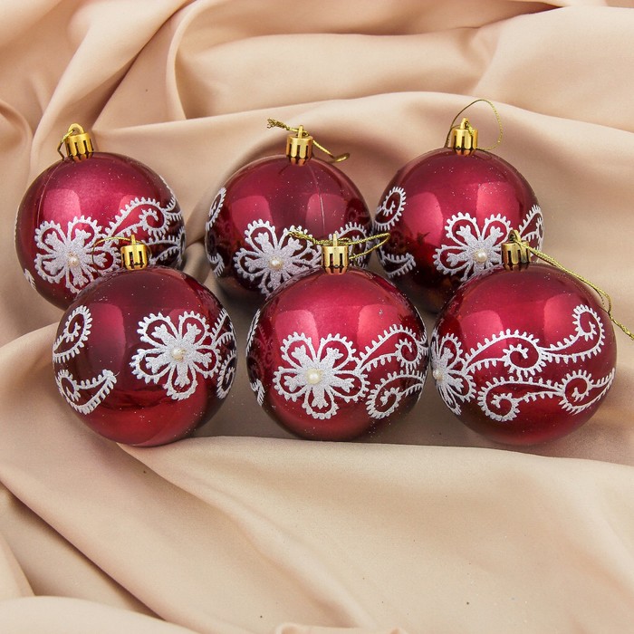 Набор шаров пластик d-8 см 6 шт "Цветочные кружева" бордо