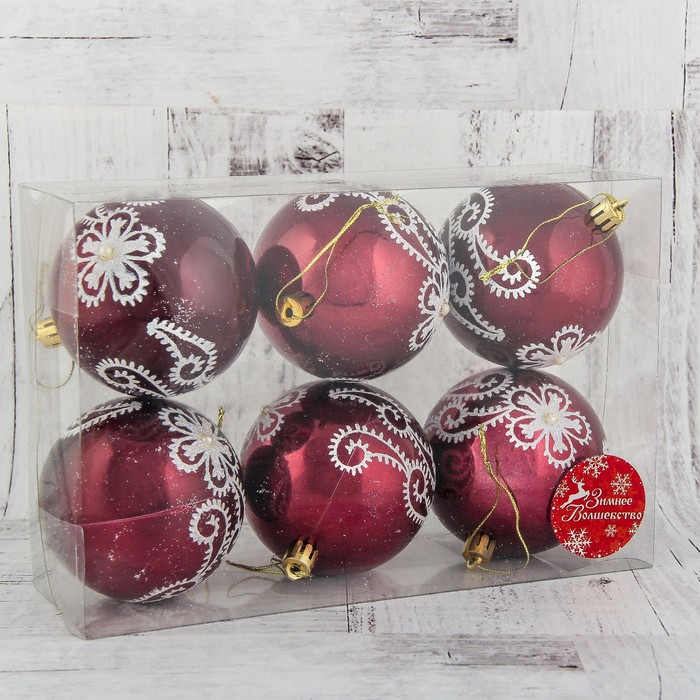 Набор шаров пластик d-8 см 6 шт "Цветочные кружева" бордо