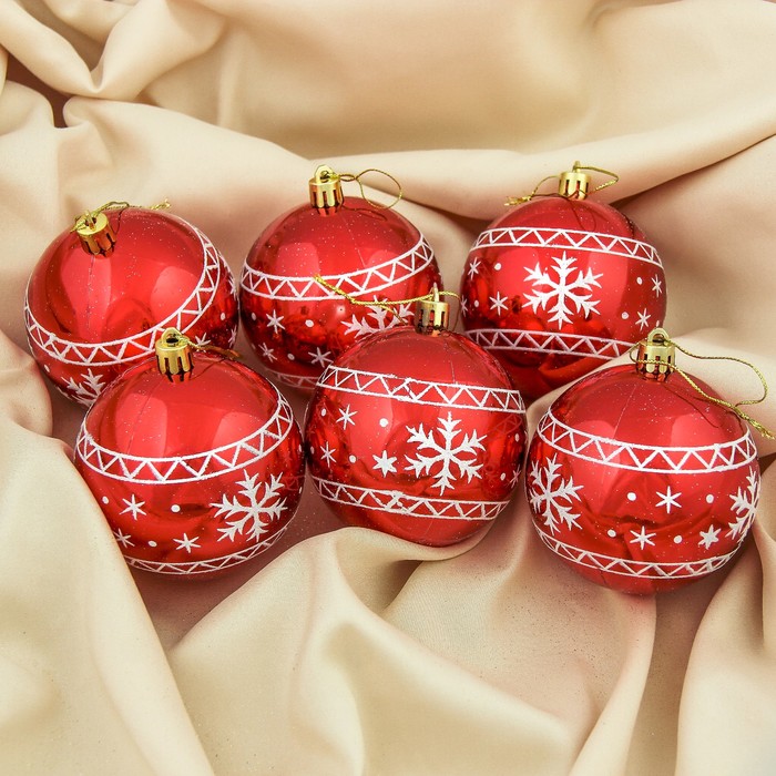 Набор шаров пластик d-8 см 6 шт "Снежиночка" красный