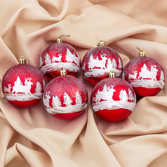 Набор шаров пластик d-8 см 6 шт "Олень в зимнем лесу" красный