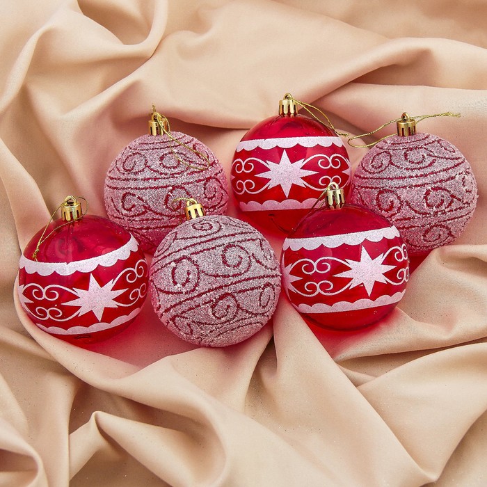 Набор шаров пластик d-8 см 6 шт "Комета" красный