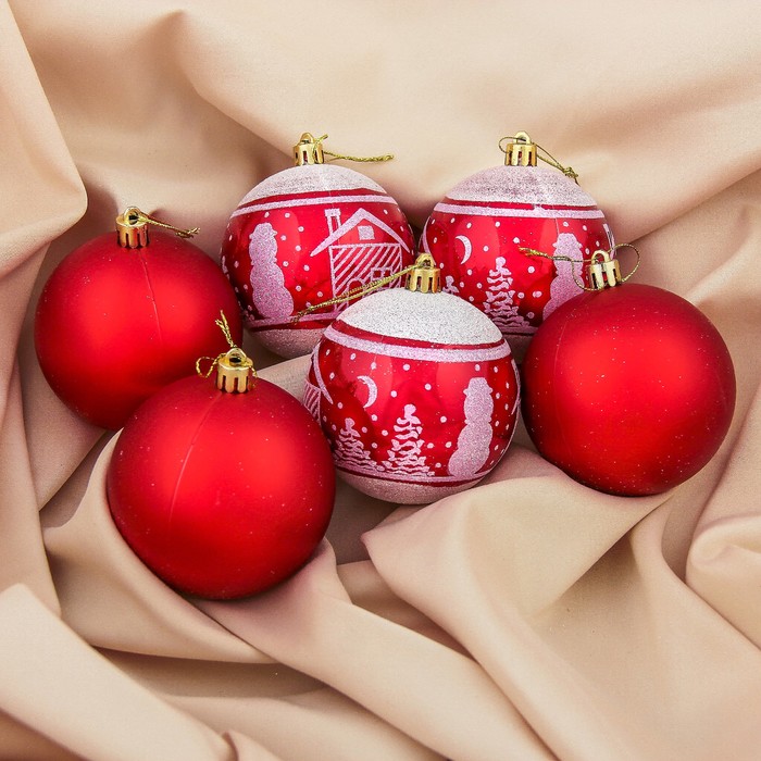 Набор шаров пластик d-8 см 6 шт "Зимний домик" красный