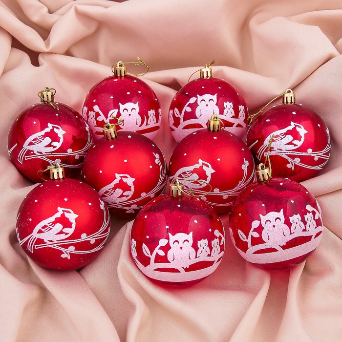 Набор шаров пластик d-8 см 9 шт "Совушки" красный