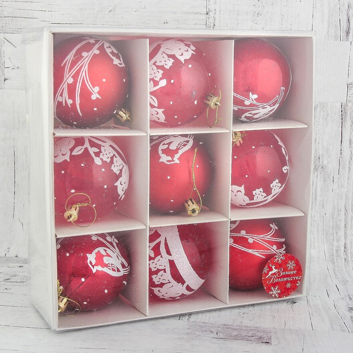 Набор шаров пластик d-8 см 9 шт "Совушки" красный