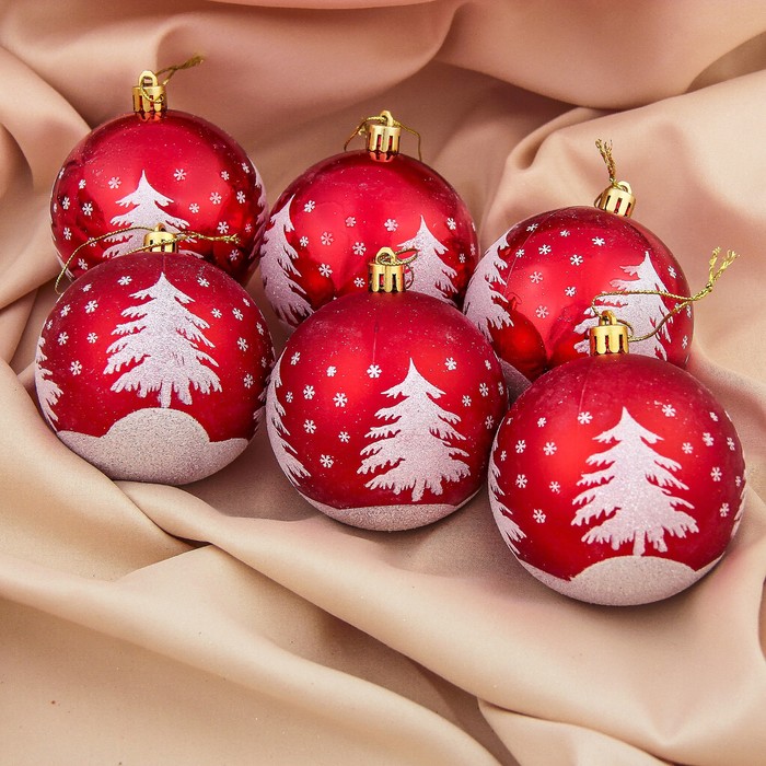 Набор шаров пластик d-8 см 6 шт "Снежная елочка" красный