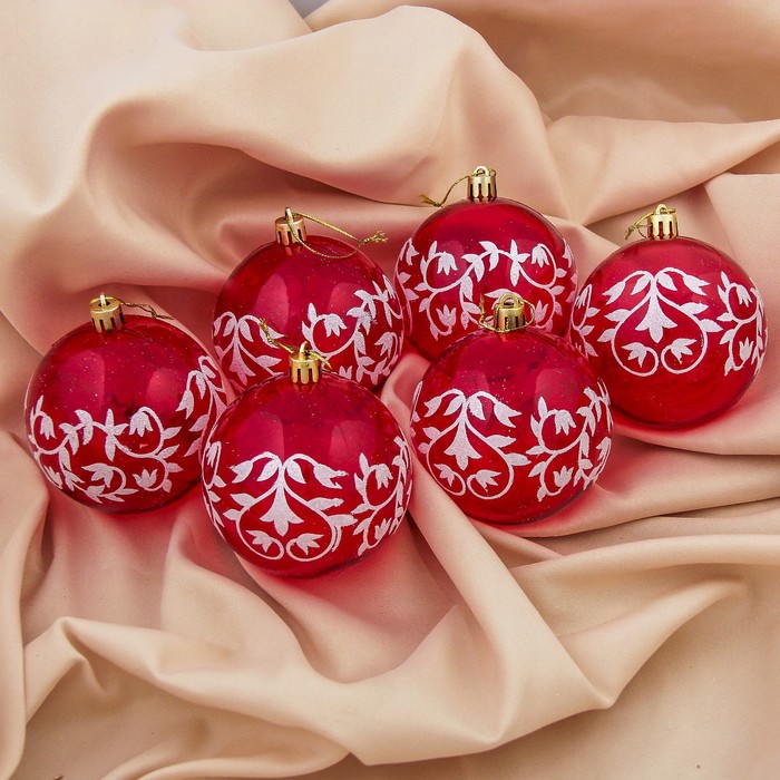 Набор шаров пластик d-8 см 6 шт "Узорная ветвь" красный