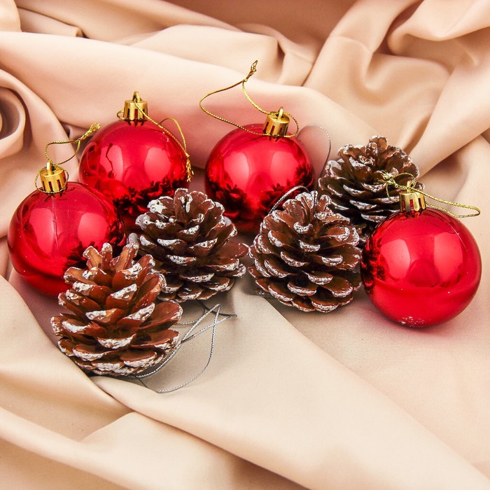 Набор украшений пластик 6 см 8 шт "Шишка" красный