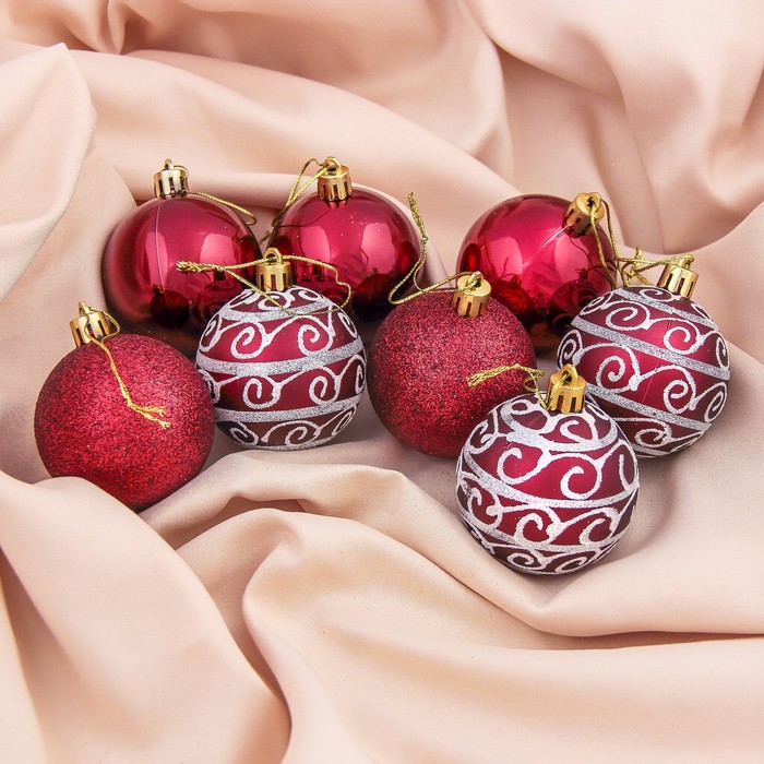 Набор шаров пластик d-6 см 8 шт "Волна" бордо